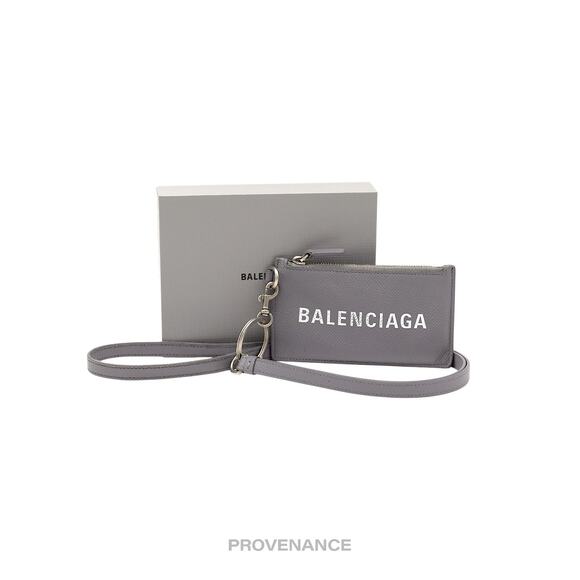 🔴 Balenciaga Logo Neck Lanyard Zip Card Wallet - Gray - Picture 1 of 10